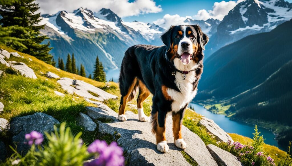 Berner Sennenhund in den Schweizer Alpen