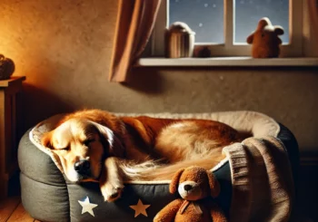 Hund liegt müde im Bett